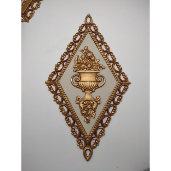 Vintage 1970s Homco Art Nouveau Greek Gold Tone Diamond Resin Wall Plaques - Picture 5 of 16